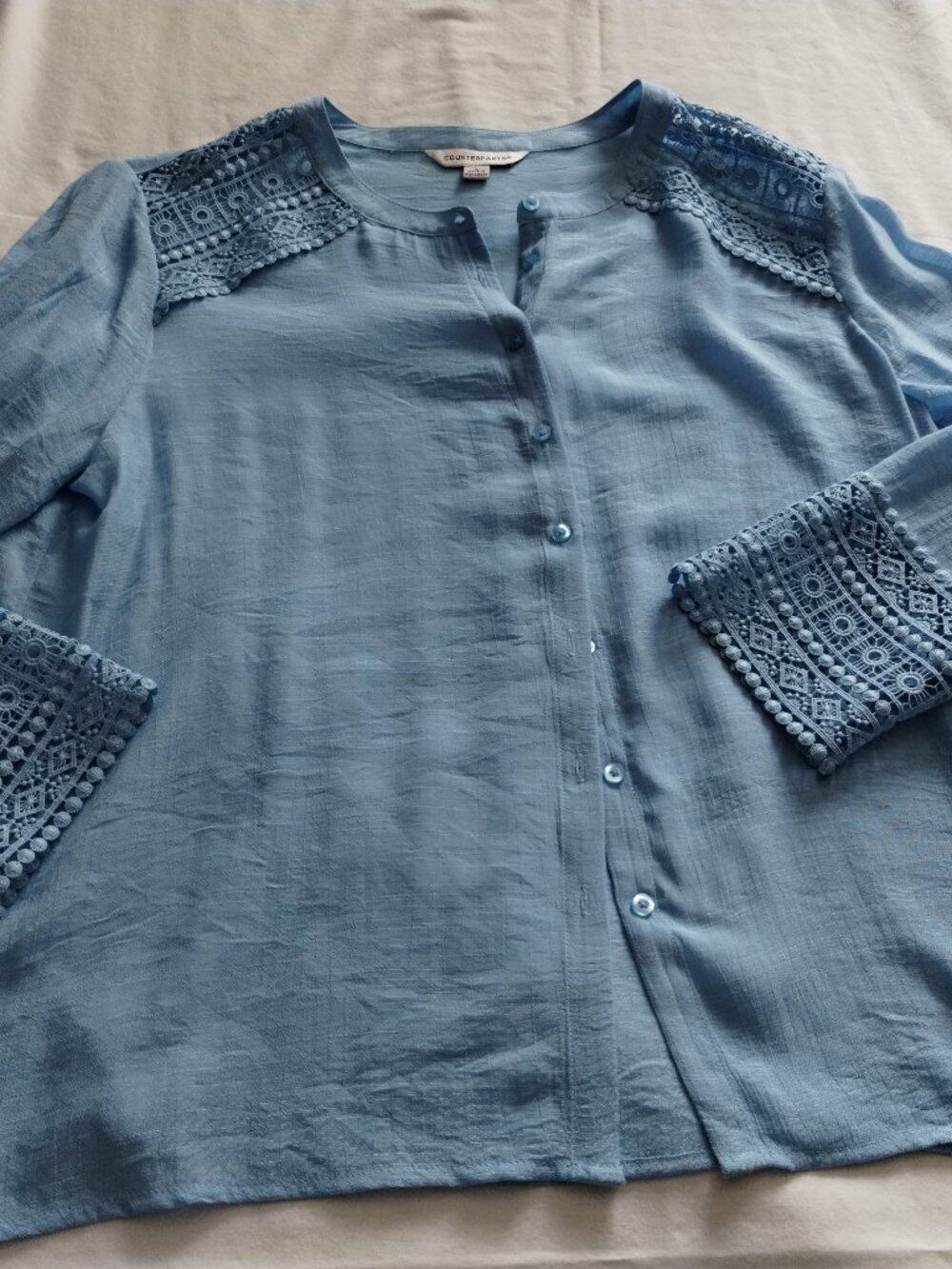 COUNTERPARTS Baby Blue 3/4 Sleeve CRINKLE Texture Button Down Top Sz LARGE